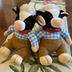 NWT set of 2 twin MARY's MOO MOOS Stuffed COWS * blue check shirts * TAN FRINGE